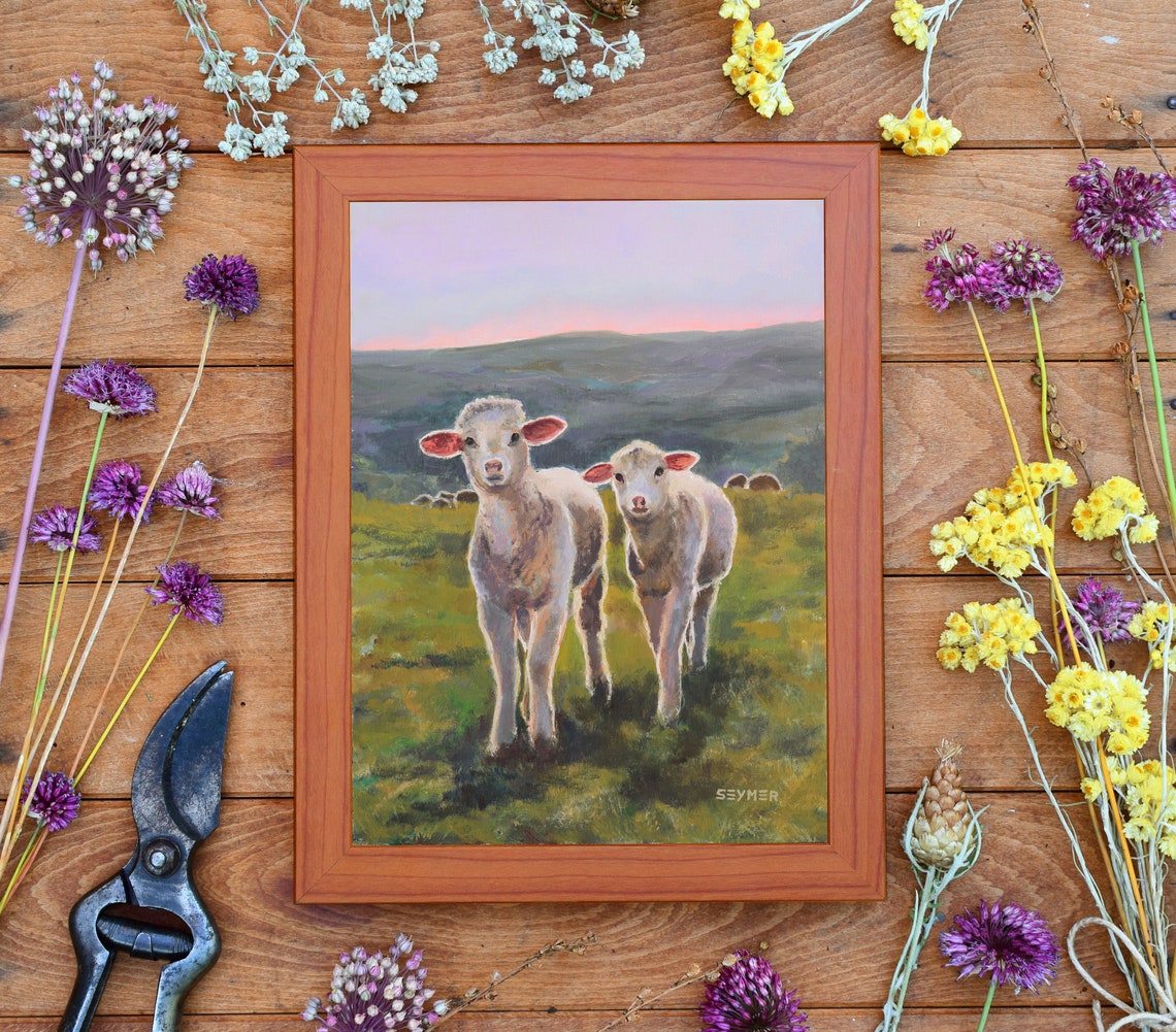 Two Curious Lambs in a Green Meadow at Pink Sunset Oil Painting Poster - Image 3
