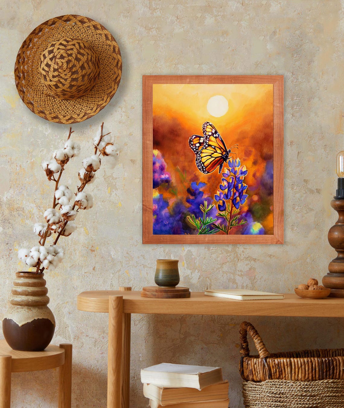 Monarch Butterfly on Bluebonnet Flowers Sunset Oil Painting Poster - Image 4