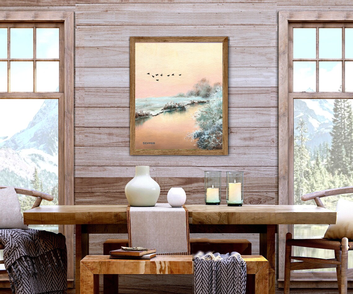 Flock of Birds Flying Over a Frosty Winter River at Sunrise Poster - Image 5