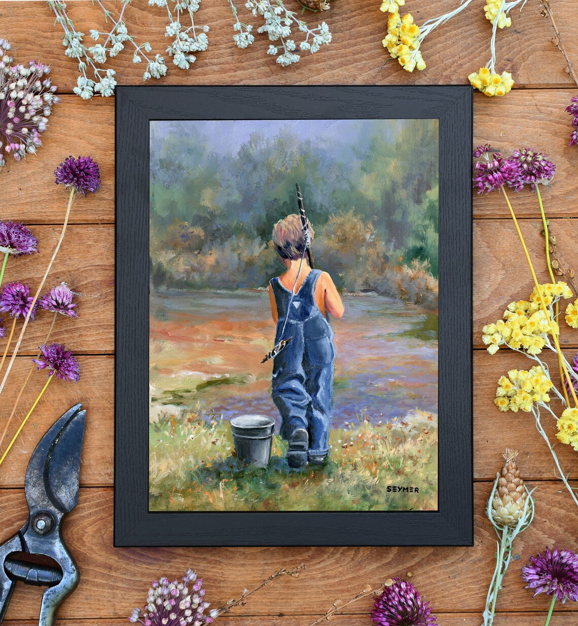 Boy in Denim Overalls Walking to the River with a Fishing Rod Poster - Image 2