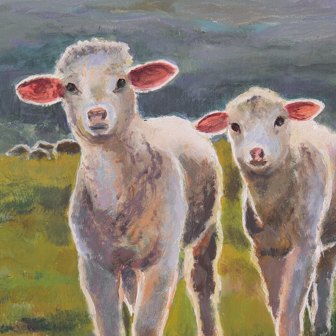 Two Curious Lambs in a Green Meadow at Pink Sunset Oil Painting Poster - Image 2