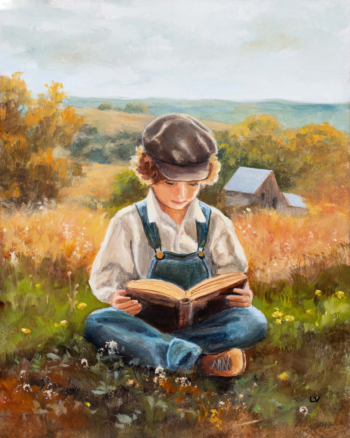 Country Boy Reading Book Golden Autumn Field Farm Oil Painting Poster