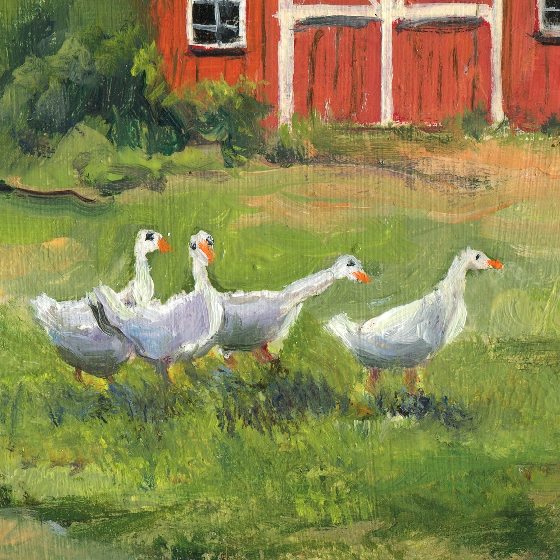 Classic Red Barn with White Geese Grazing in the Green Pasture Poster - Image 2