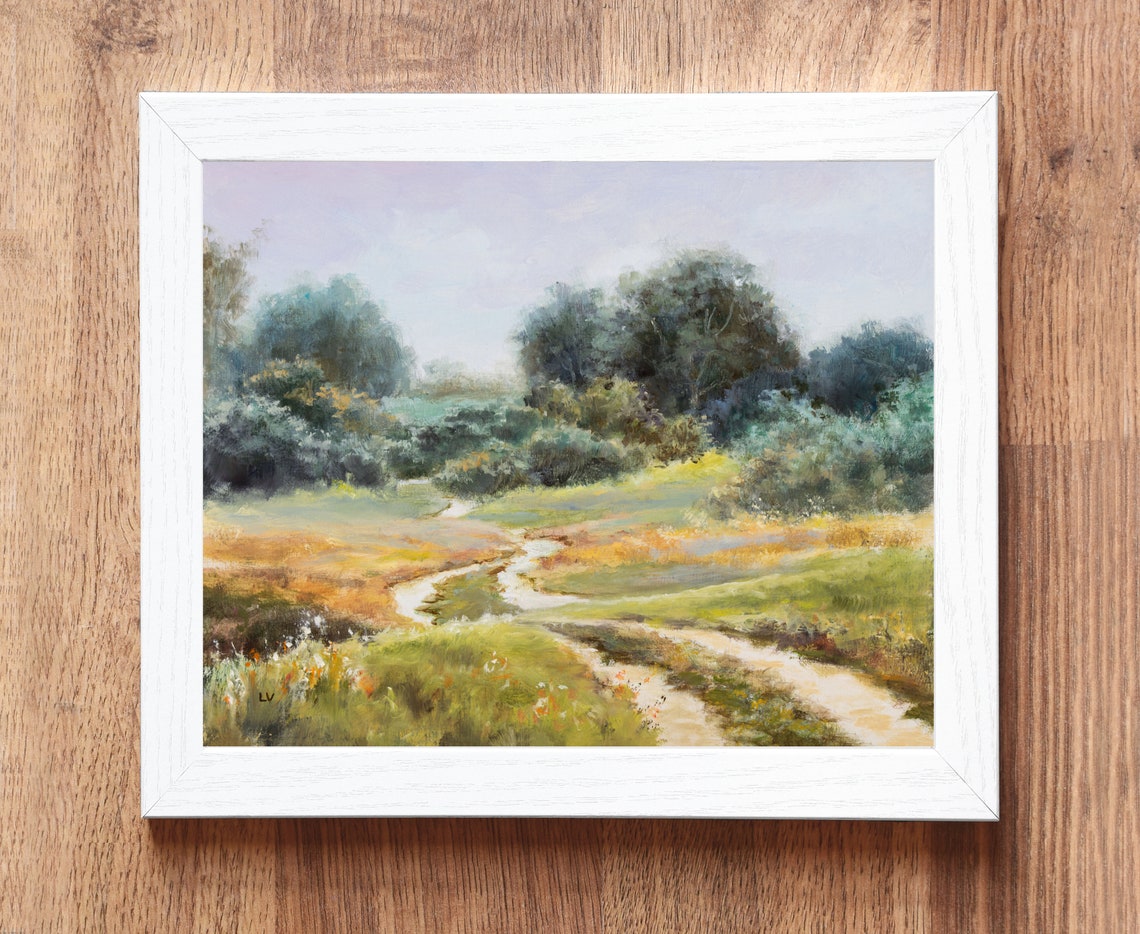 Soft Morning Countryside Meadow With A Winding Stream Path Poster - Image 3