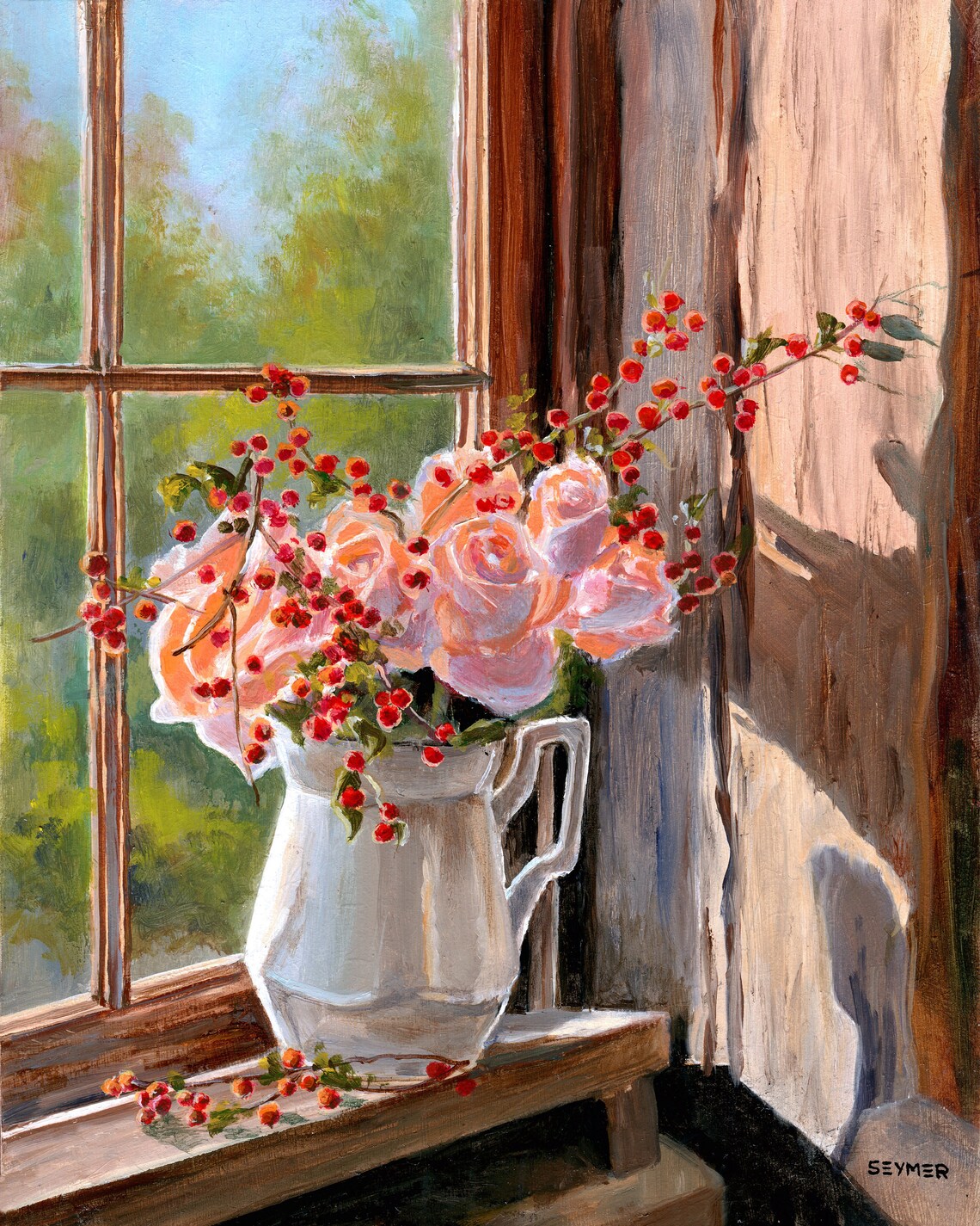 Pink Roses In Pitcher Window Still Life Floral Oil Painting Poster - Image 6