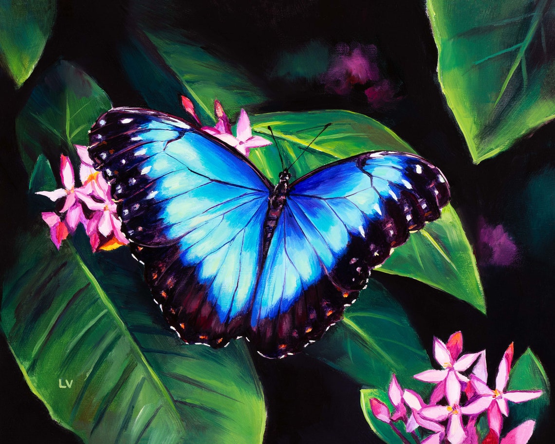 Blue Morpho Butterfly Art Print Colorful Insect Floral Wall Art Butterfly Oil Painting Animal Giclee Print Butterfly Gift For Mothers Day - Image 6