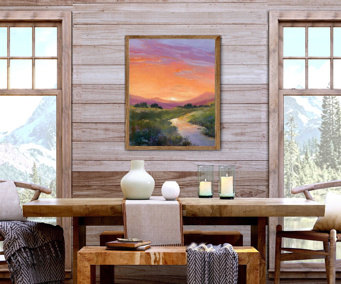 Vintage Sunset Valley With Winding River And Pink Mountains Poster - Image 6
