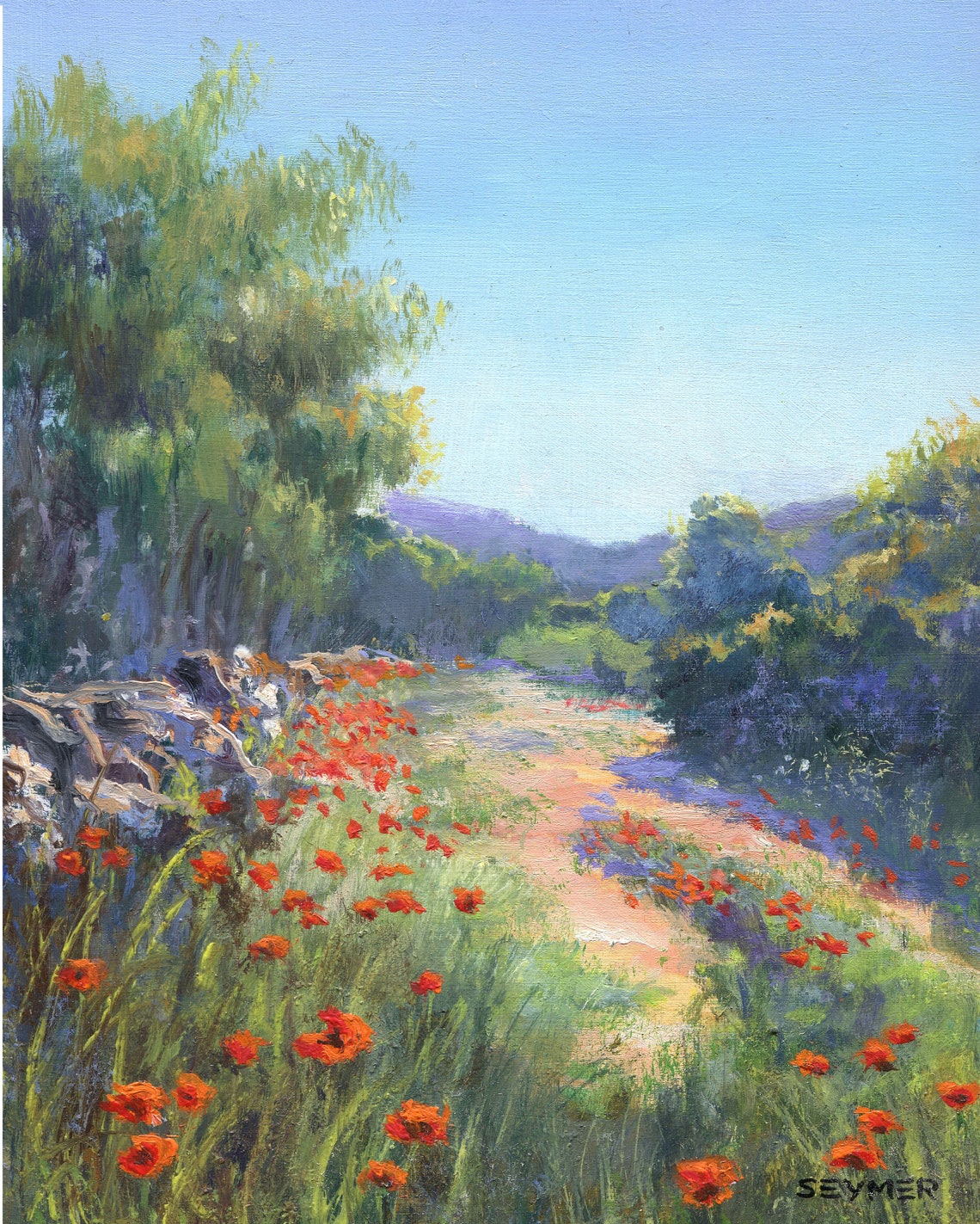 Sunlit Country Path Lined with Red Poppies between the Trees Poster