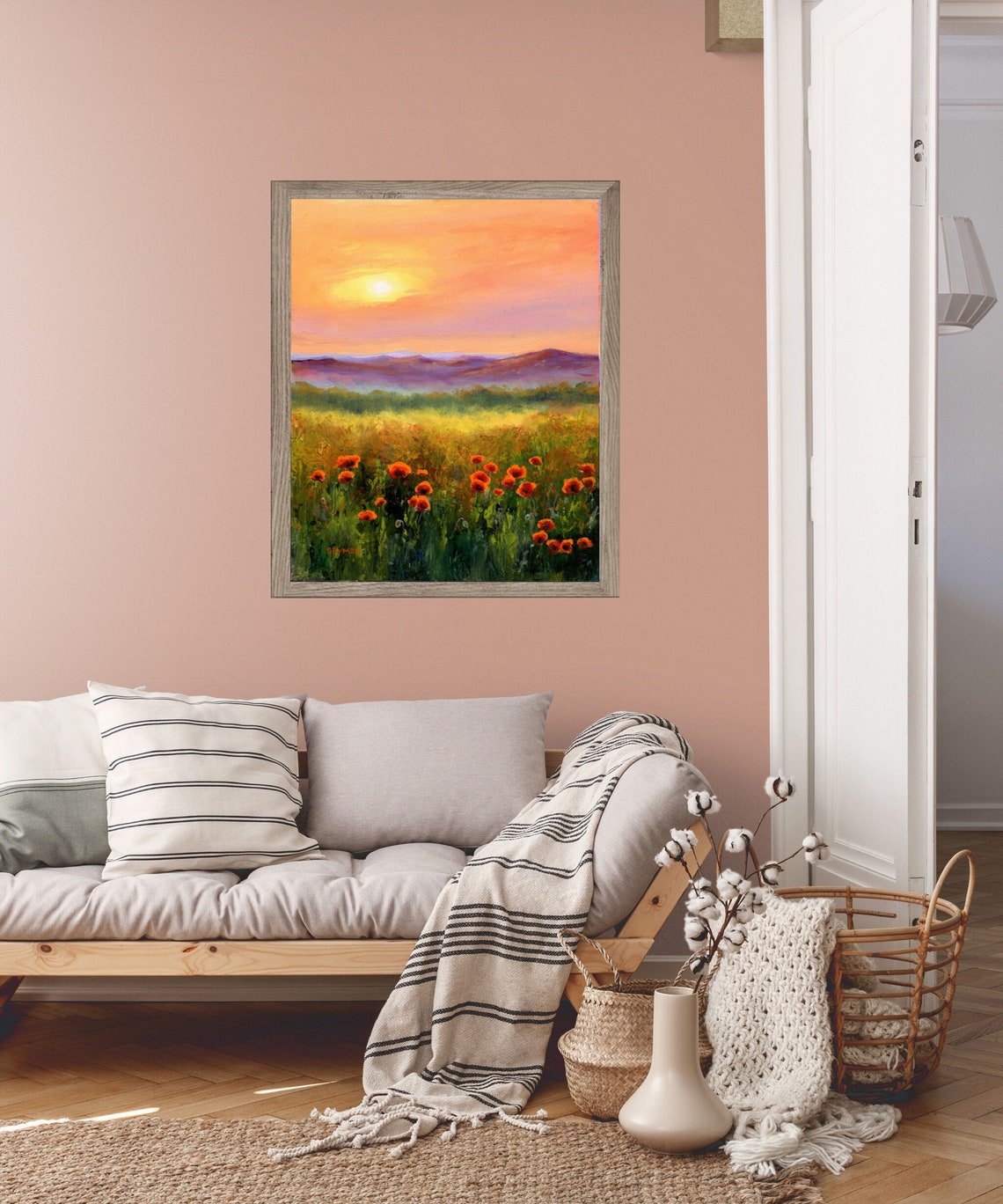 Vibrant Red Poppy Field at Sunset with Purple Mountain Views Poster - Image 2