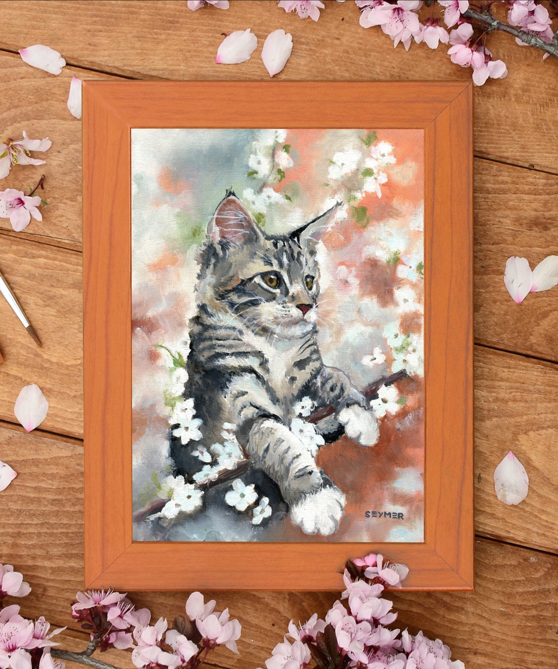 Tabby Cat Nestled Among White Spring Blossoms Painting Poster - Image 4