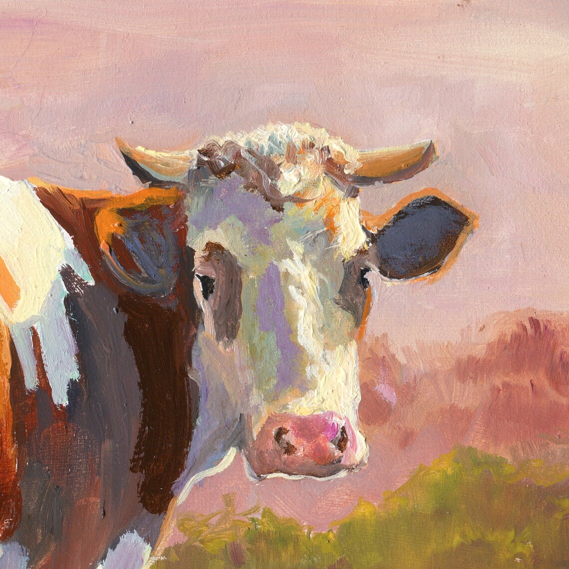 Brown White Cow Looking Back Pasture Sunset Farm Oil Painting Poster - Image 2
