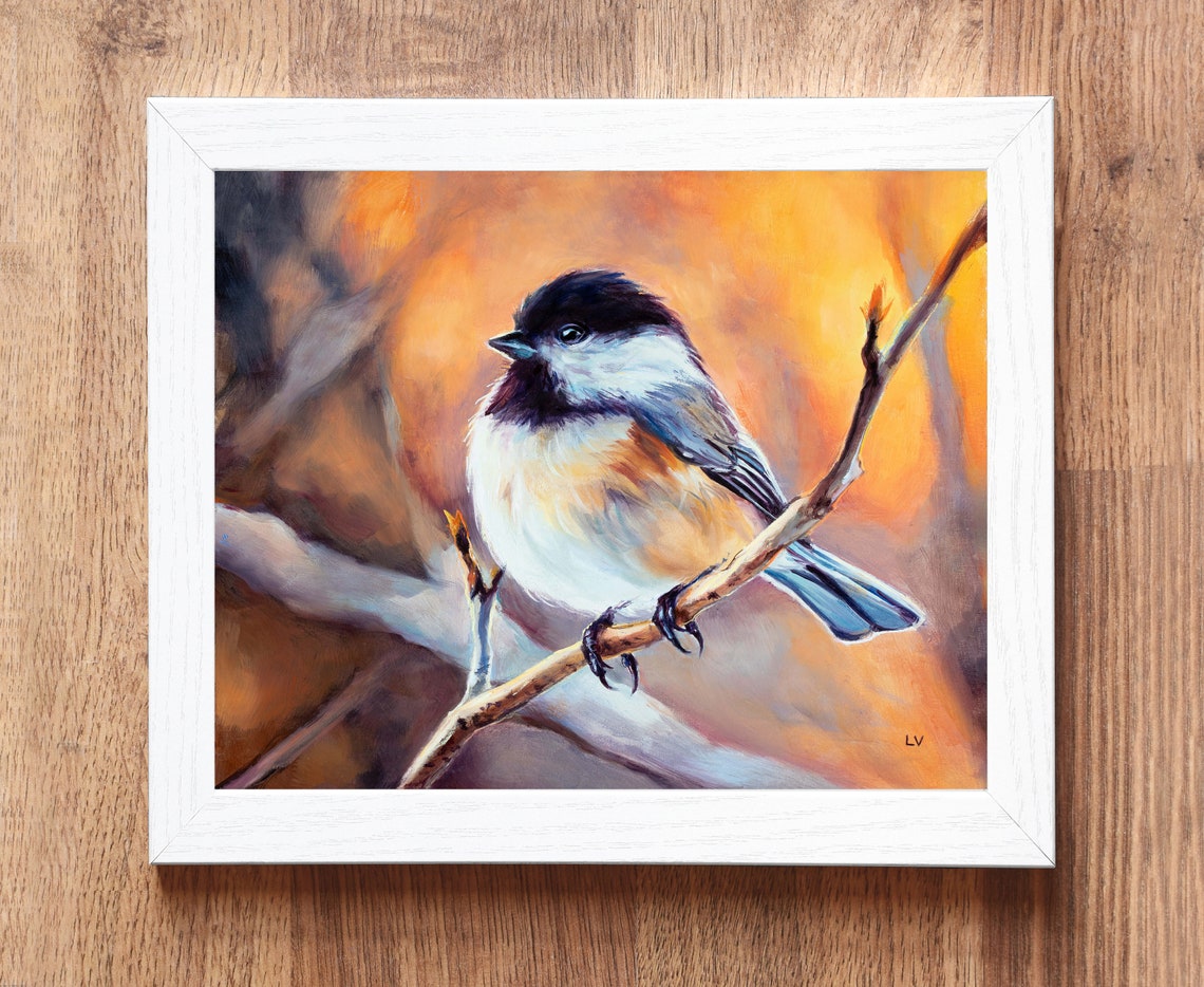 Chickadee Perched on a Branch Glowing in Warm Amber Light Poster - Image 2