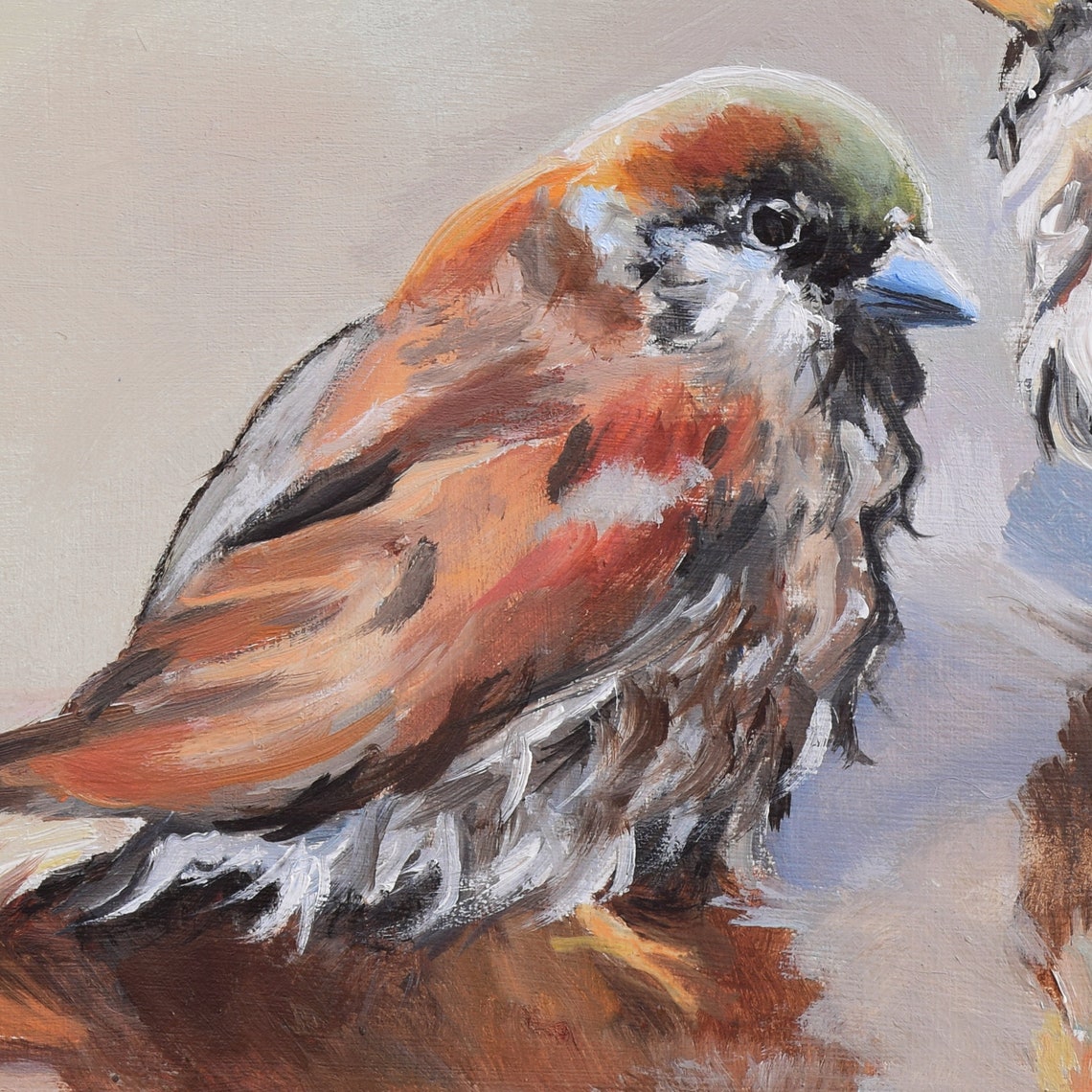 Two Sparrows Bathing Together in Water Oil Painting Bird Poster - Image 5