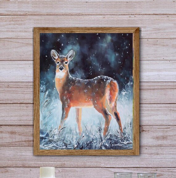 Female Deer Standing in a Snowy Winter Forest at Night Poster