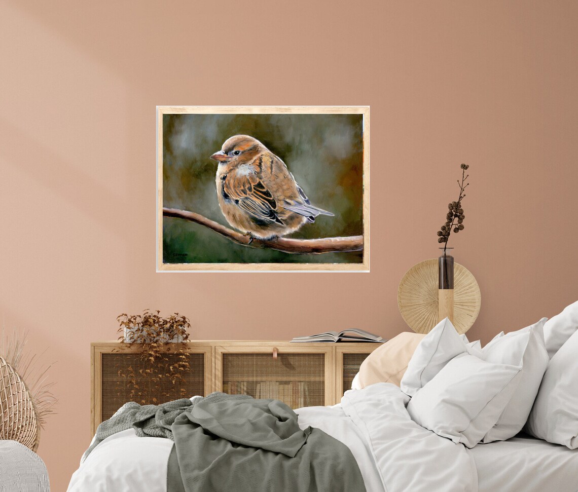 Brown Sparrow On Branch Realistic Bird Oil Painting Wildlife Poster - Image 3