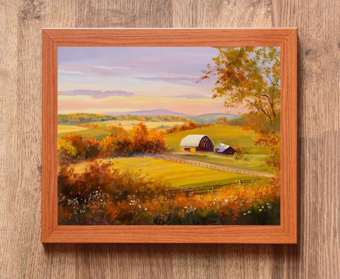 Autumn Farm with Red Barn at Sunset Oil Painting Farm Poster