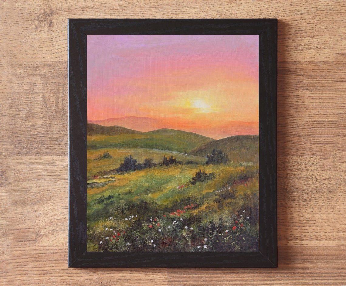 Country Landscape Original Painting Sunrise Landscape Artwork Mountain Valley Oil Painting Fields At Sunset Impressionist Landscape Art - Image 2