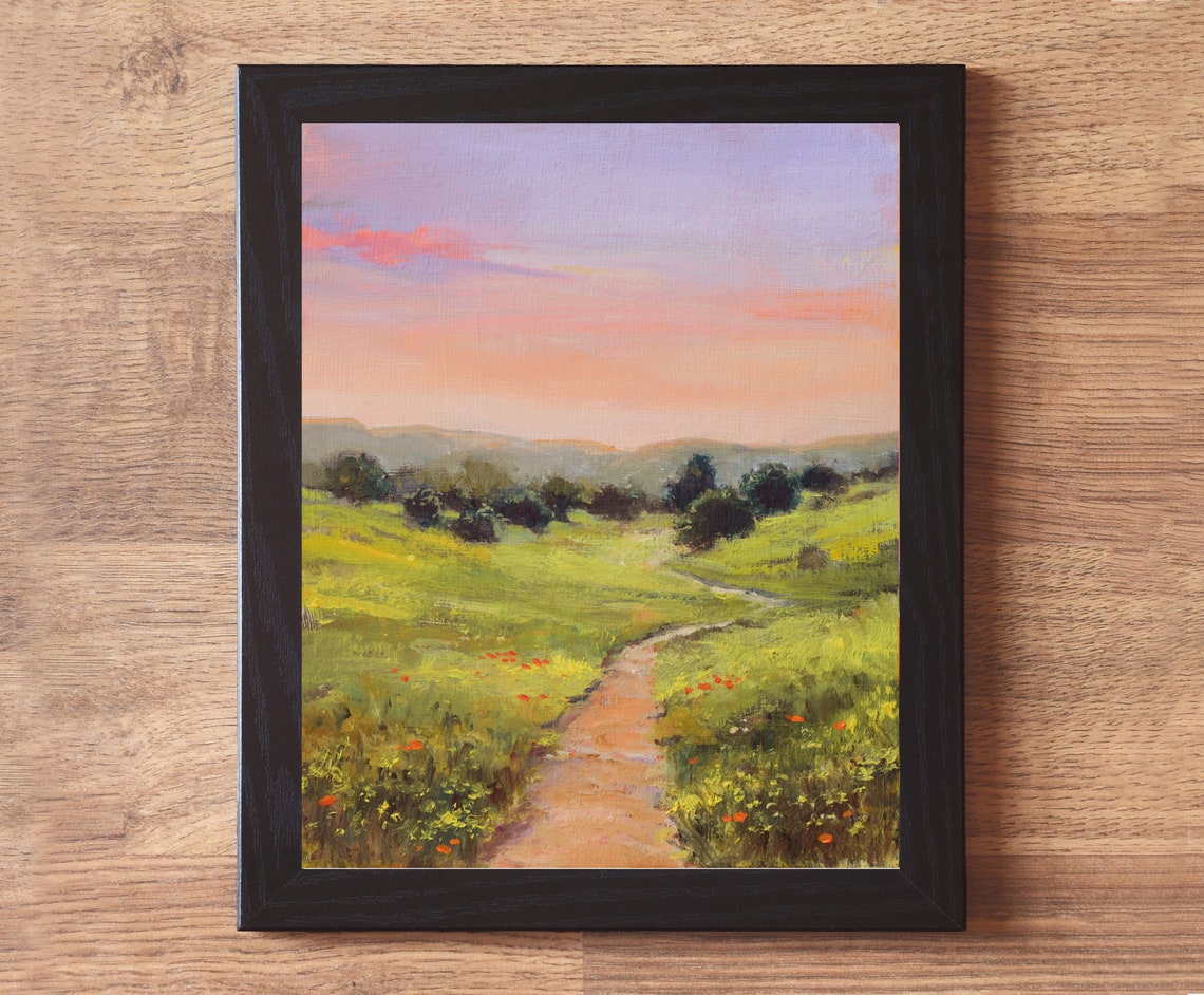 Country Path Painting Meadow Landscape Artwork Sunrise Oil Painting Pink Sky Art Small Artwork For Country Living Room Brown Framed Art - Image 2