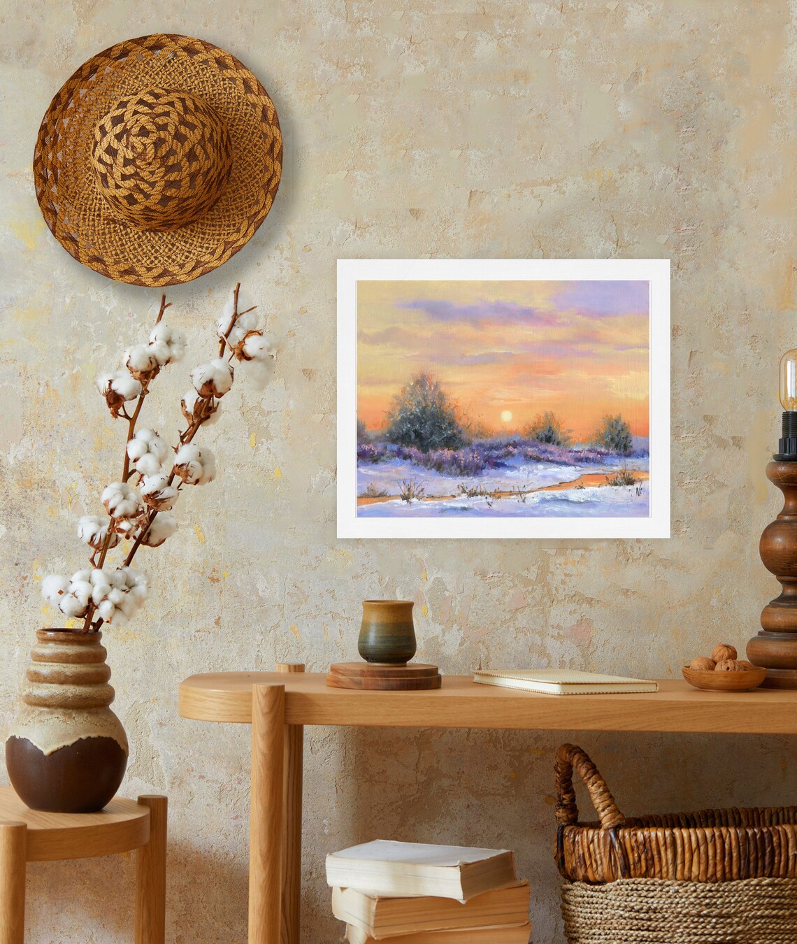 Snowy Winter Landscape Sunrise Oil Painting With Colorful Sky Poster - Image 3