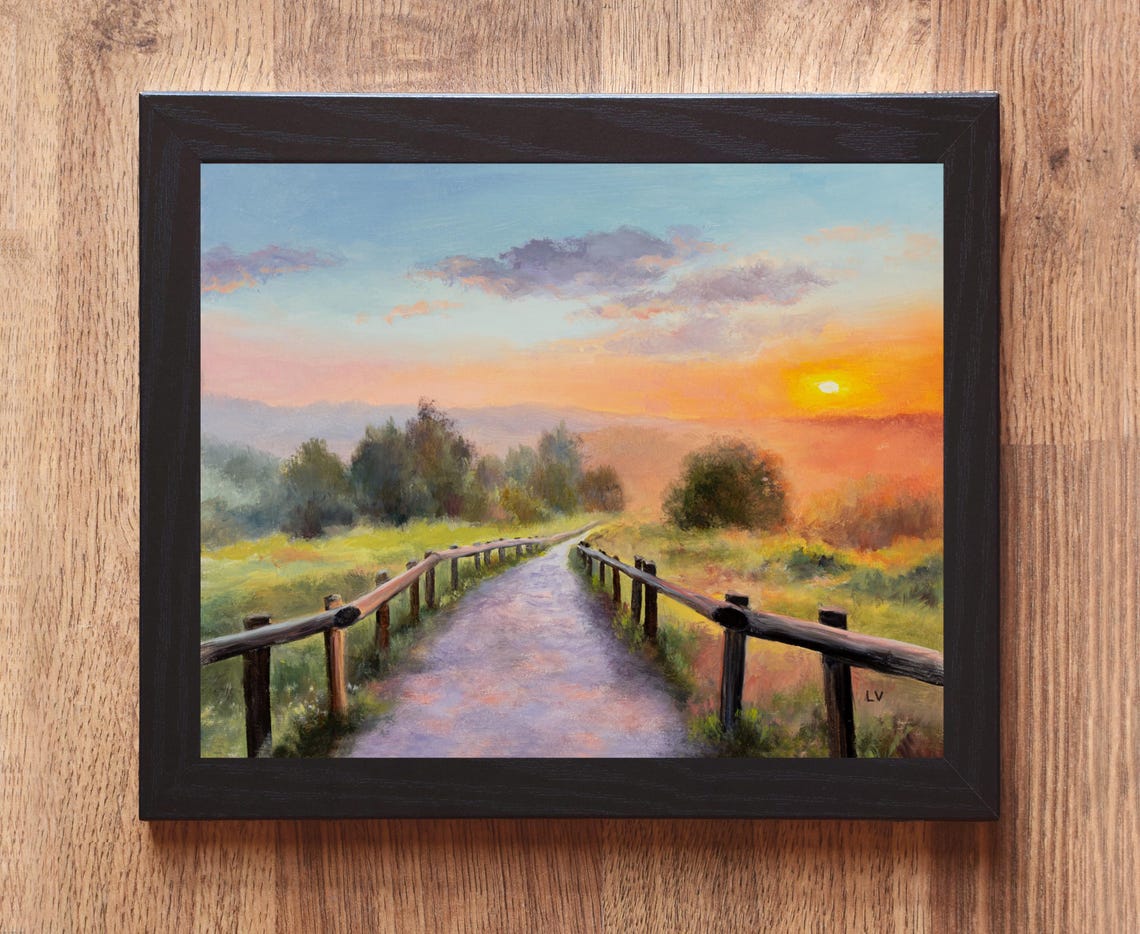 Relaxing Landscape Original Oil Painting Peaceful Sunset Art Country Road Wooden Fence Vibrant Sunshine Artwork Spring Framed Wall Art - Image 6