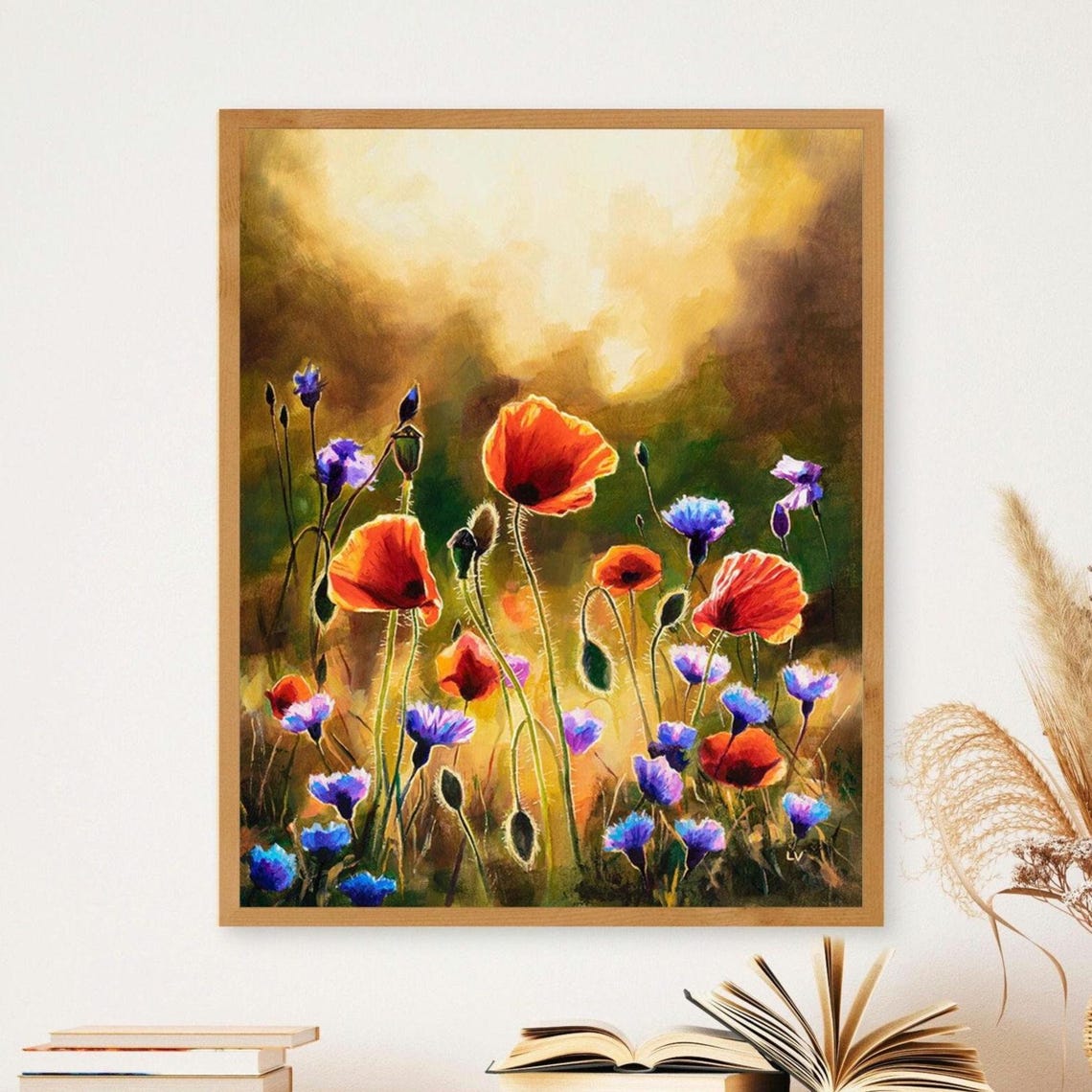 Red Poppies and Blue Cornflowers Glowing in Golden Sunlight Poster