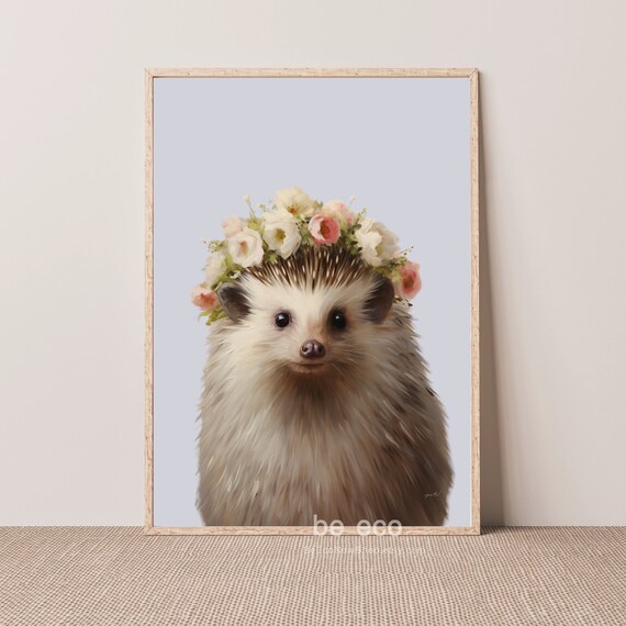 Cute Hedgehog with Floral Crown Soft Watercolor Nursery Animal Poster