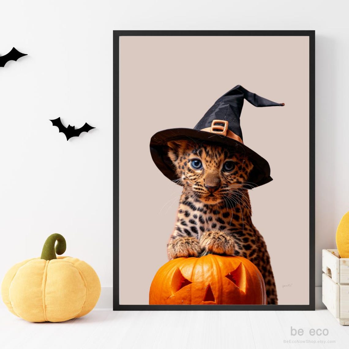 Leopard Halloween Decor Spooky Cute Art Print Witch Hat Pumpkin Prints