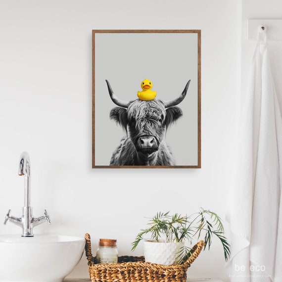 Highland Cow With Rubber Duck Print Funny Bathroom Wall Art