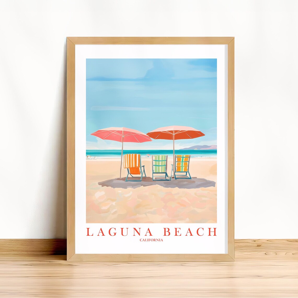 Laguna Beach California Travel Poster Pink Umbrellas Retro Beach Art