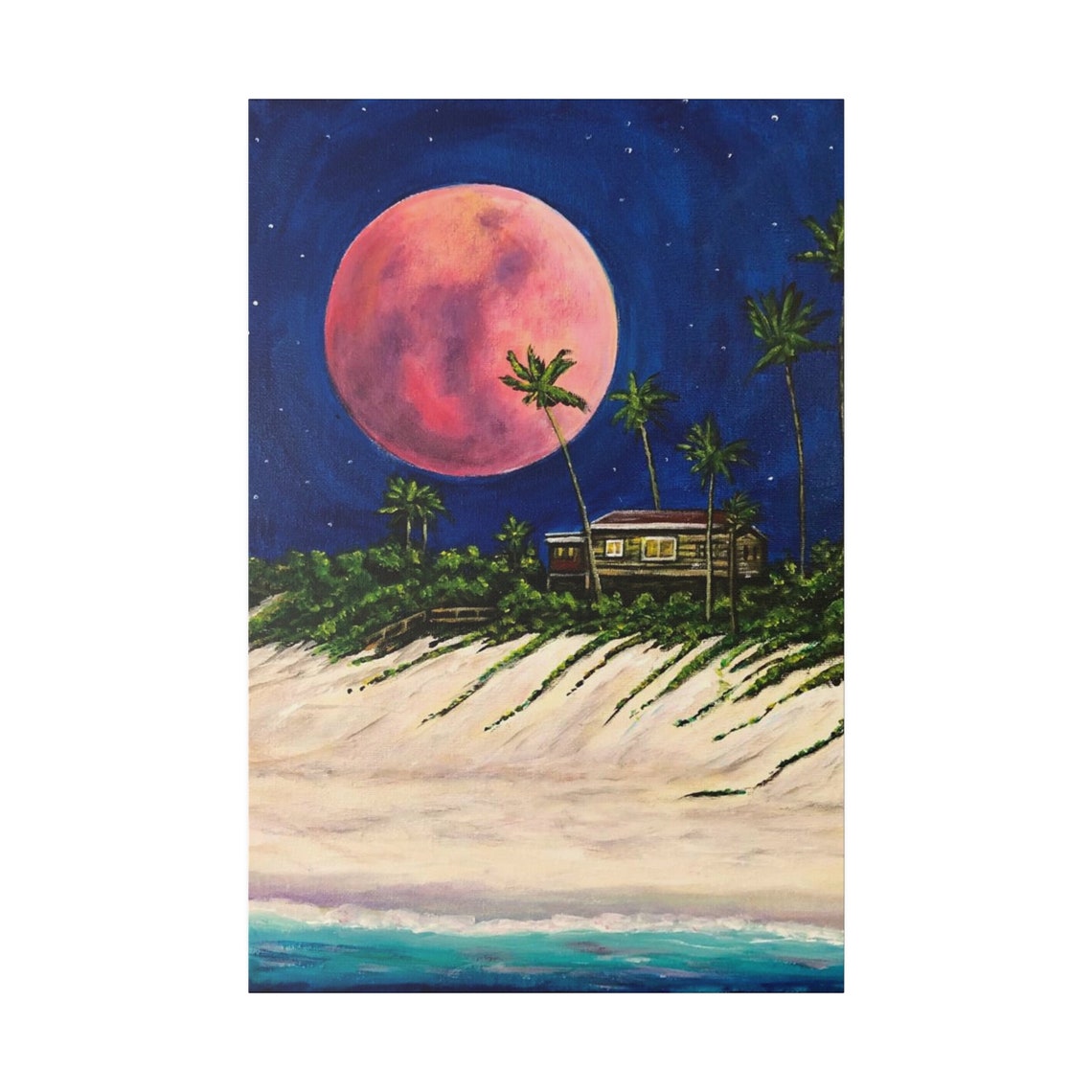 Pink Moon Beach Night Painting Palm Trees Cottage Tropical Art Poster - Image 3