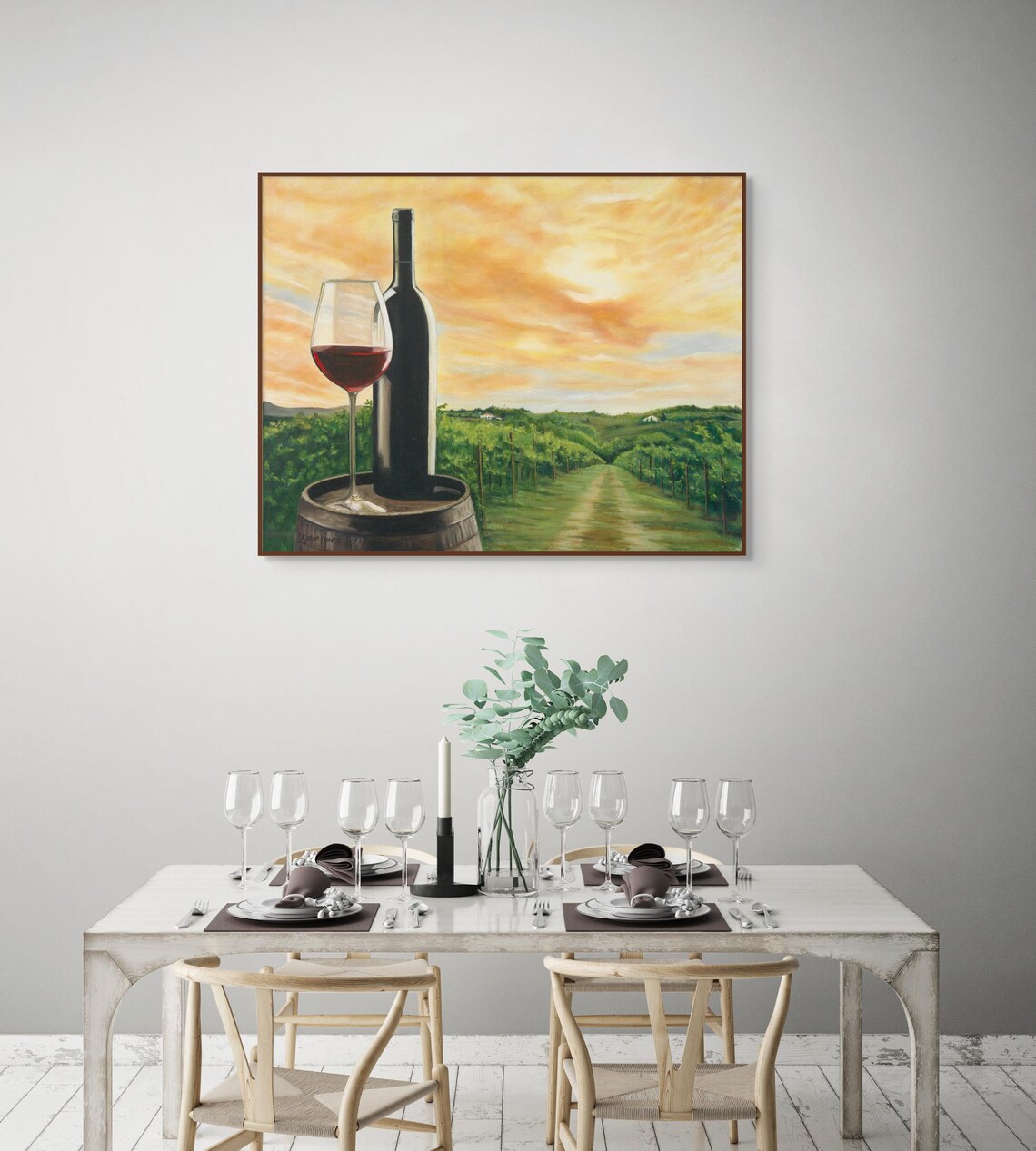 Wine Bottle Glass Barrel Vineyard Sunset Golden Sky Country Poster - Image 4