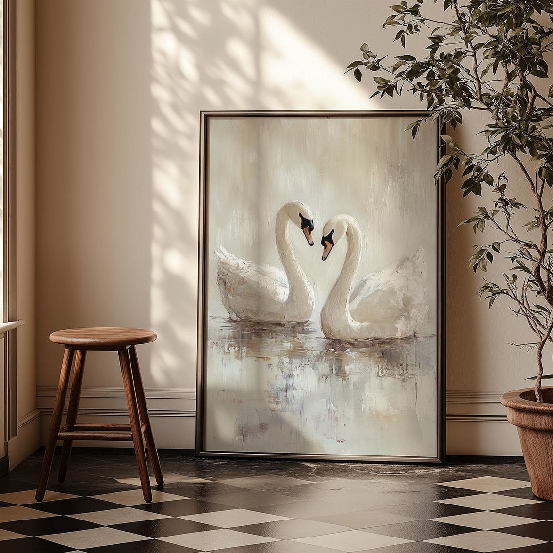 Two White Swans Pair Heart Shaped Necks Peaceful Lake Love Poster - Image 3