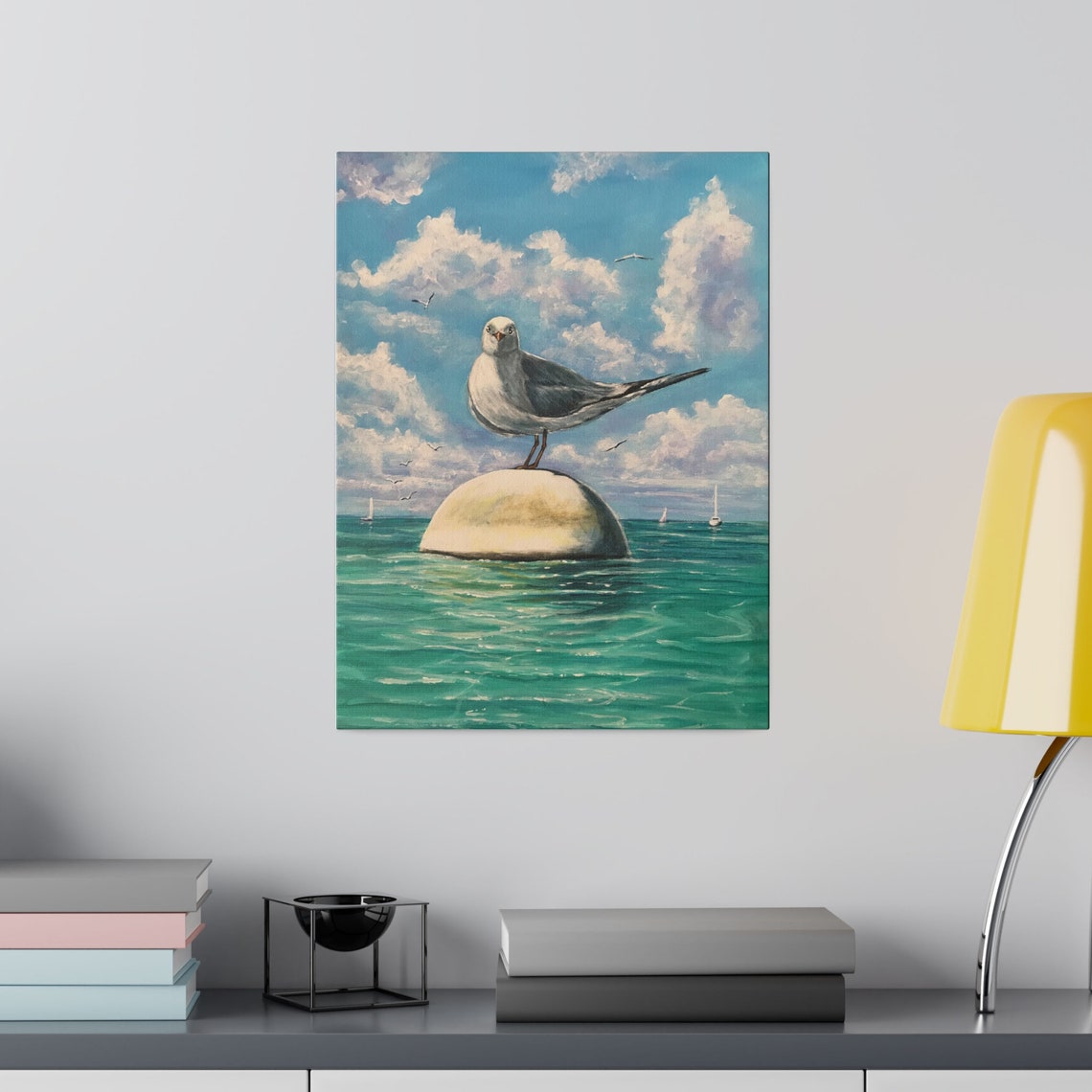 Seagull Perched On Buoy Turquoise Ocean Sky Sailboat Coastal Poster - Image 2
