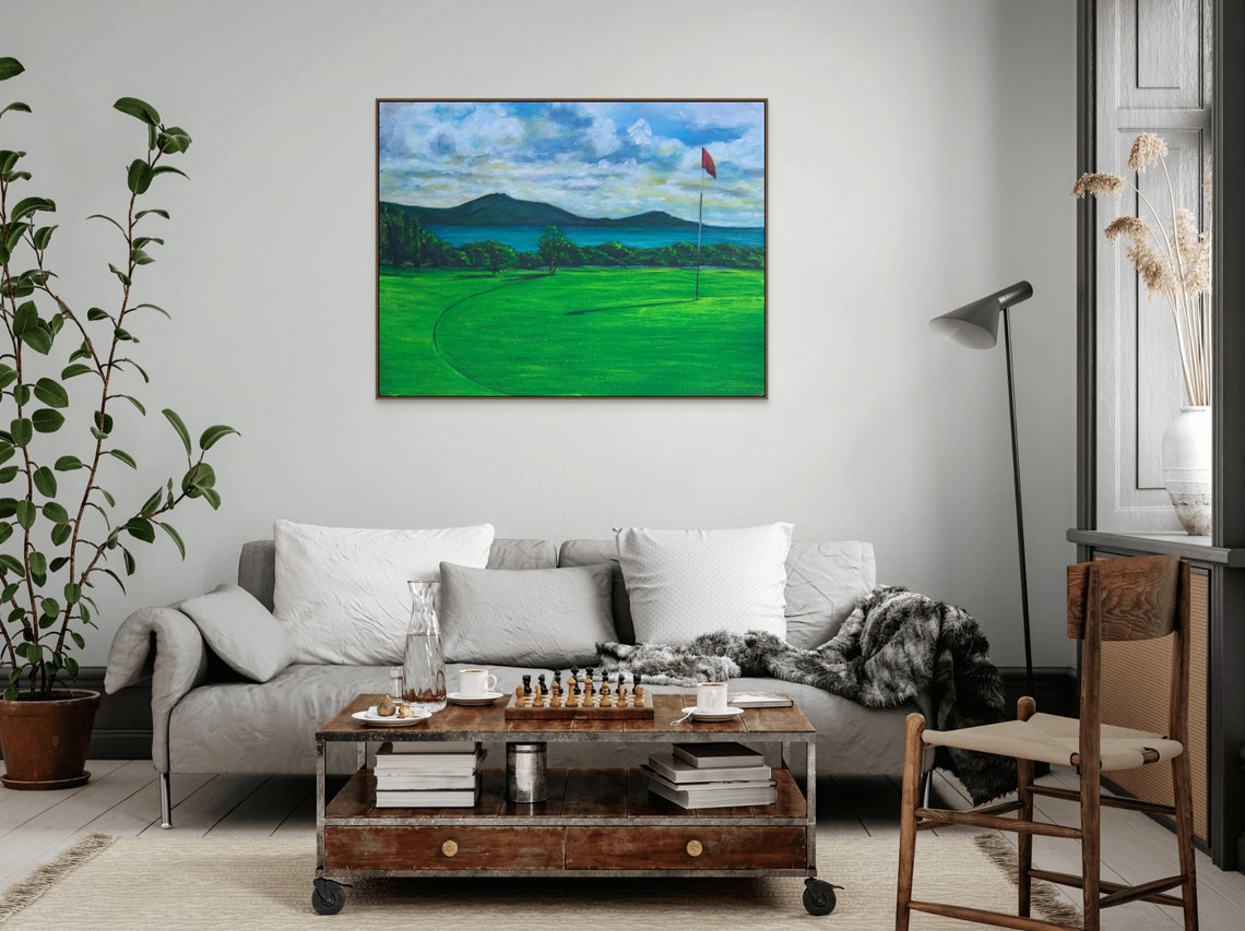 Golf Course Green Red Flag Lakeside Mountains Landscape Sports Poster - Image 3