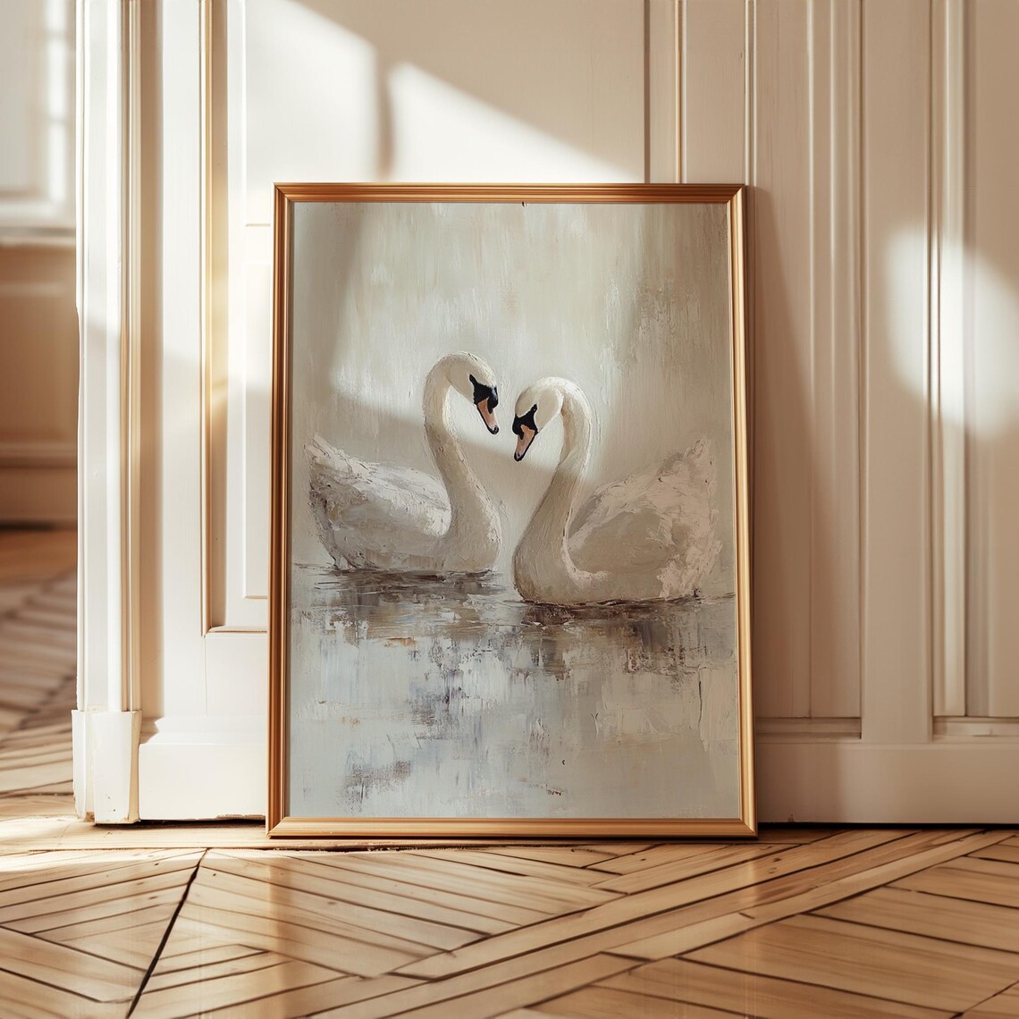 White Swan Couple Oil Painting Print, Rustic Vintage - Image 4