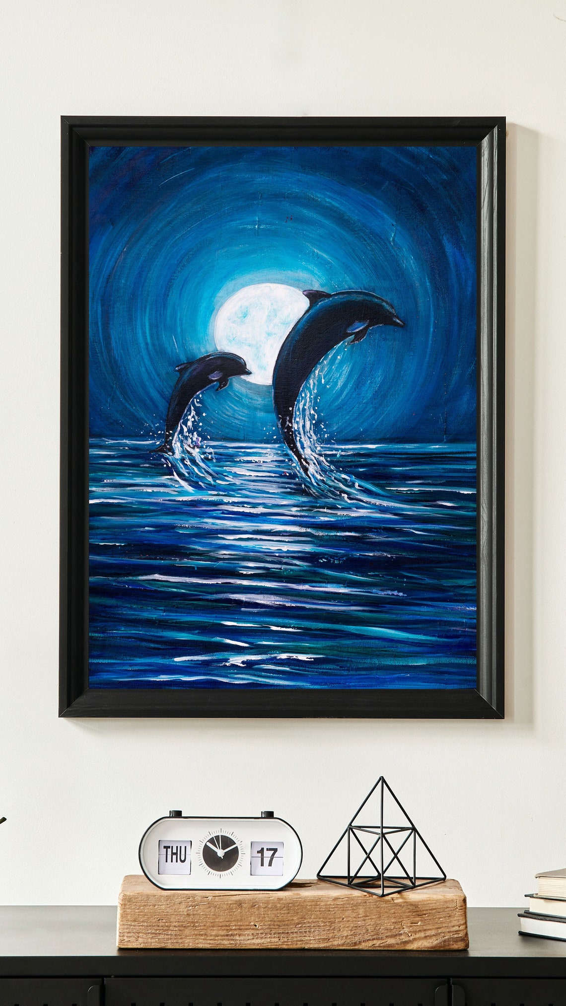 Dolphins Leaping Moonlight Painting Ocean Night Blue Waves Art Poster - Image 2
