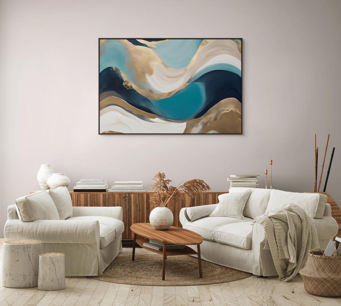 Abstract Flowing Waves Teal Navy Gold White Modern Art Poster - Image 3