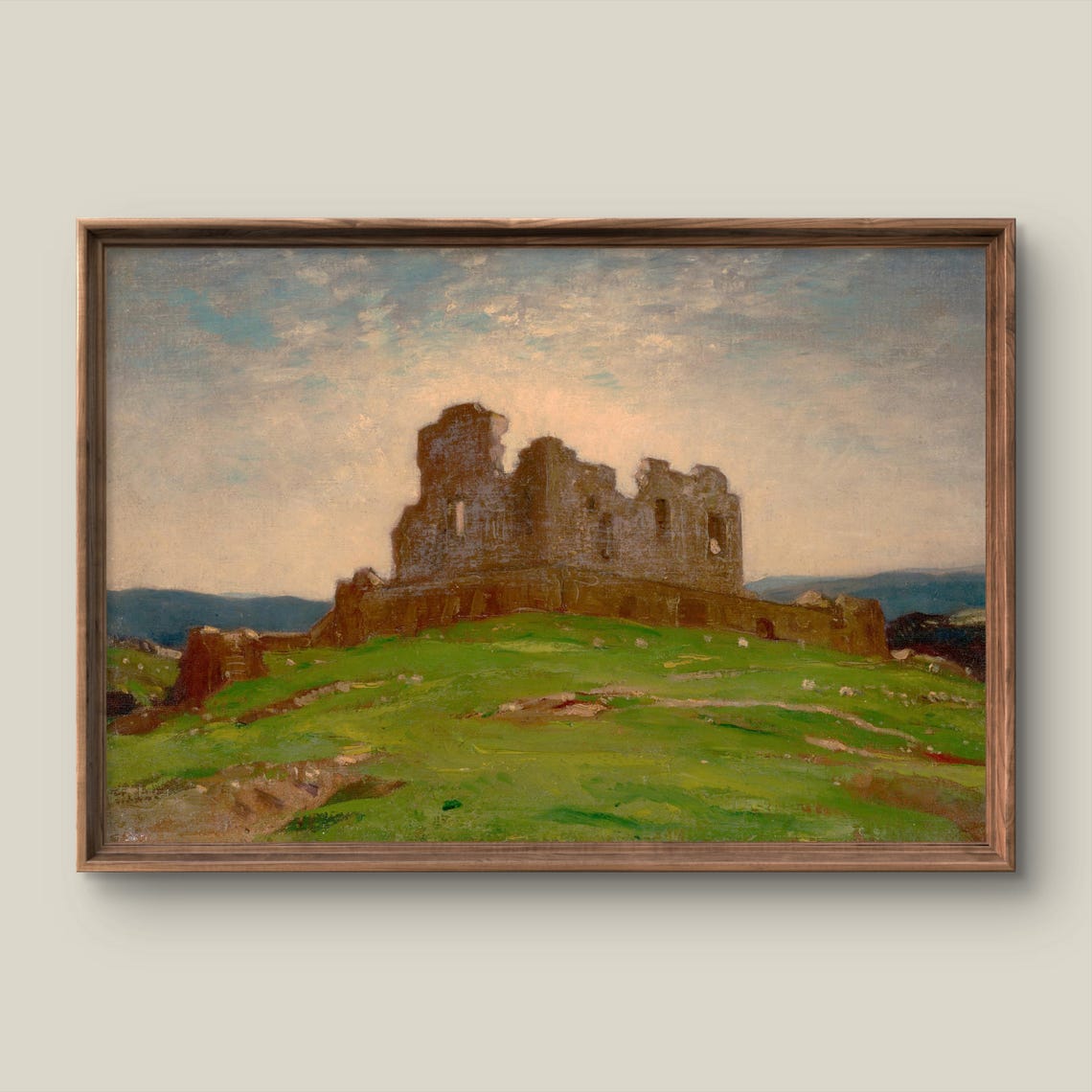 Ancient Castle Ruins Grassy Hill Antique Painting Style Poster