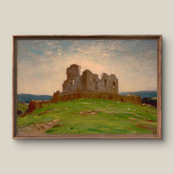 Vintage Castle Landscape Art Print Retro Wall Decor Antique Painting Mountains Instant
