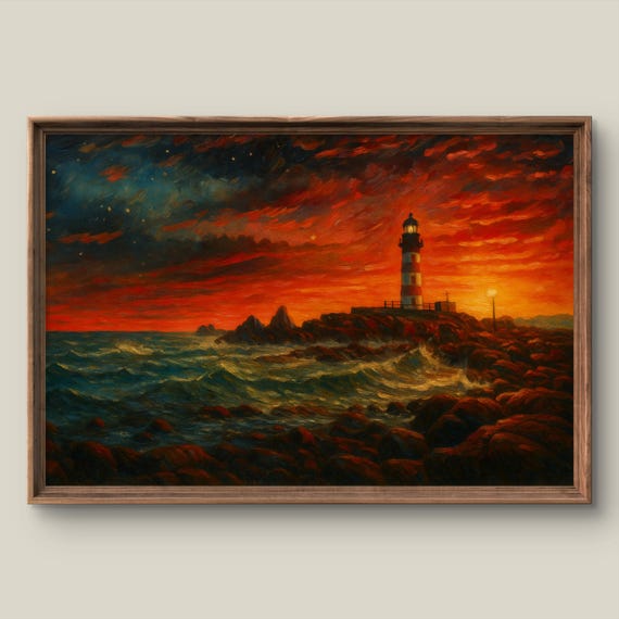 Seascape Art Print Contemporary Wall Decor Sunset Sky Painting Dramatic Lighthouse Instant