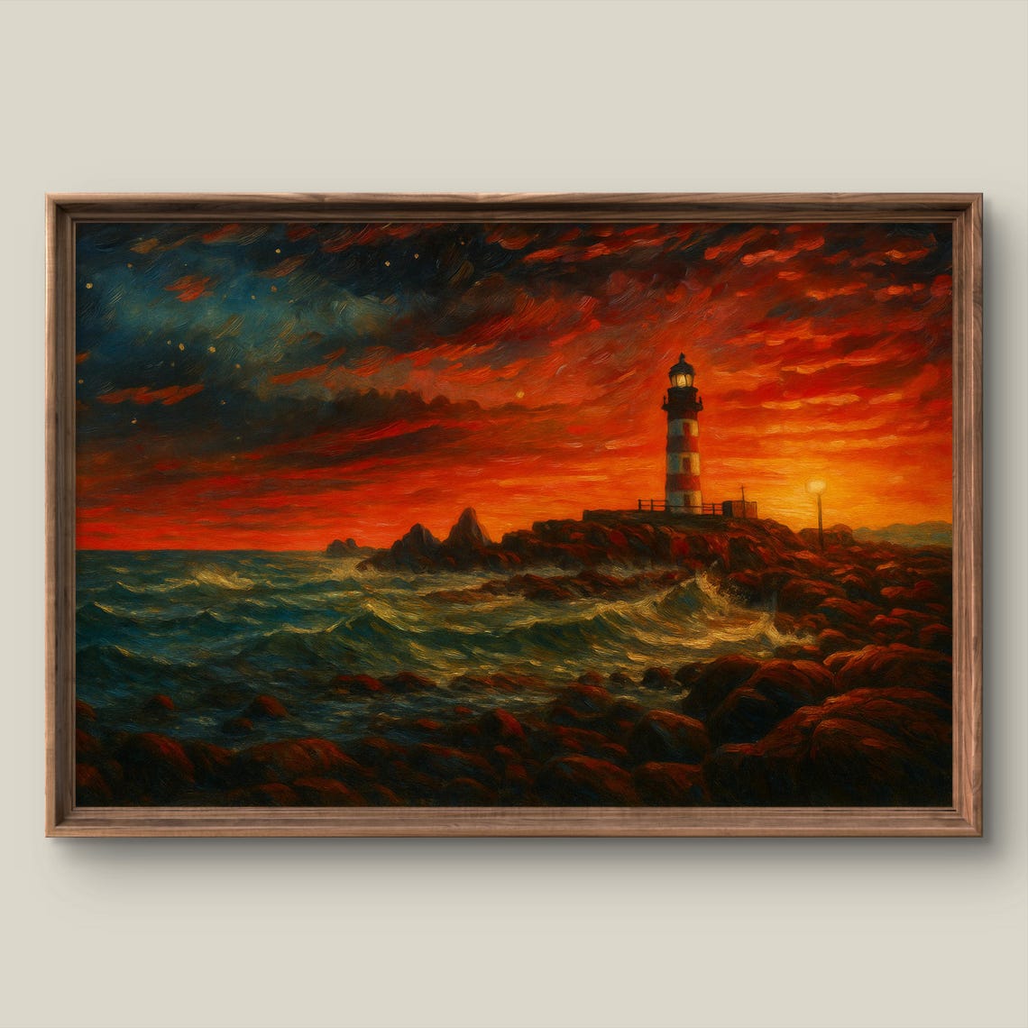 Lighthouse at Sunset on Rocky Coast with Dramatic Red Sky Art Print