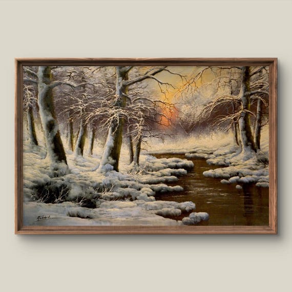 Vintage Winter Landscape Art Print Retro Wall Decor Antique Painting Forest Instant