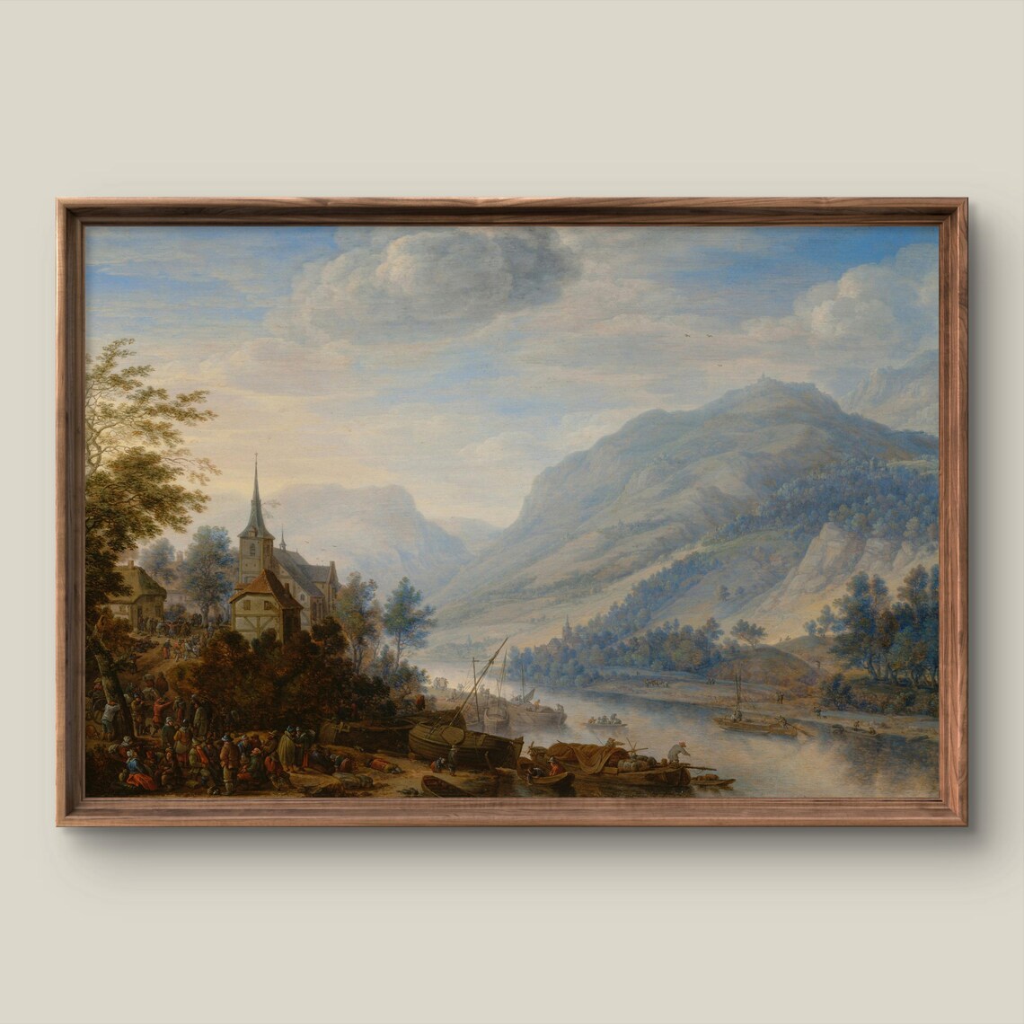 Antique European Village Church by the River Oil Painting Poster Art