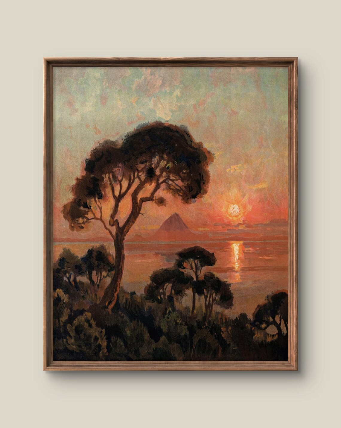 Sunset Pine Tree Over Sea Vintage Orange Seascape Painting Poster
