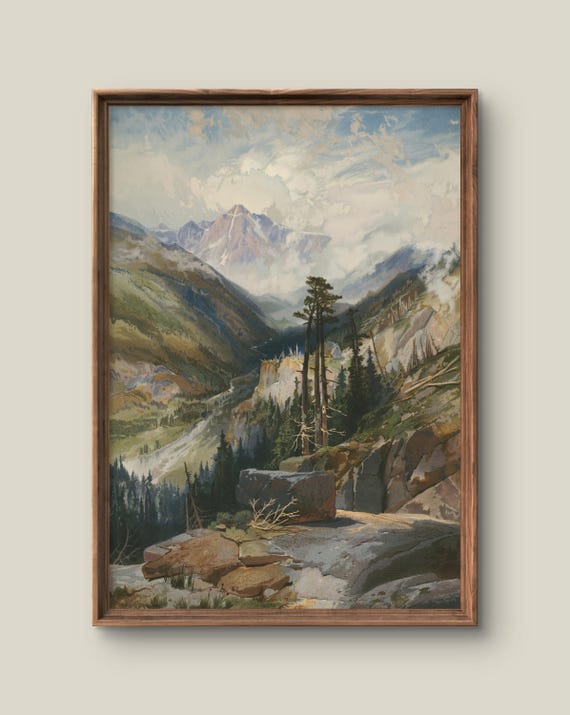 Vintage Mountain Landscape Art Print Nature Wall Decor Antique Painting Forest Instant