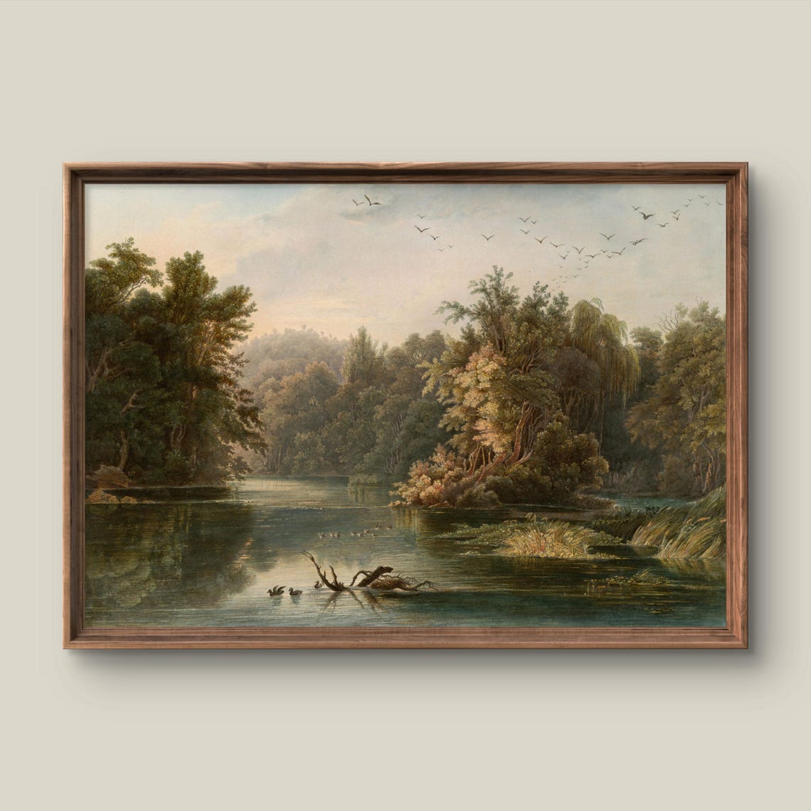 Tranquil River Landscape Lush Forest Antique Painting Style Poster