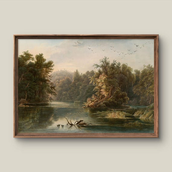 Vintage River Landscape Art Print Retro Wall Decor Antique Painting Summer Forest Instant