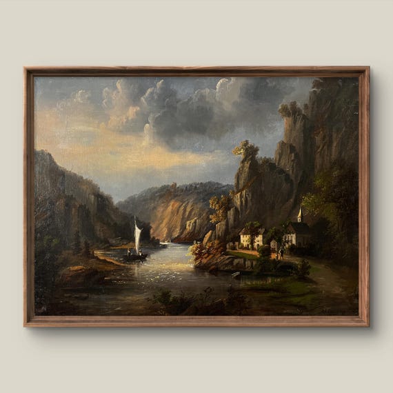 Vintage Summer Landscape Art Print Retro Wall Decor Antique Painting Mountain Instant
