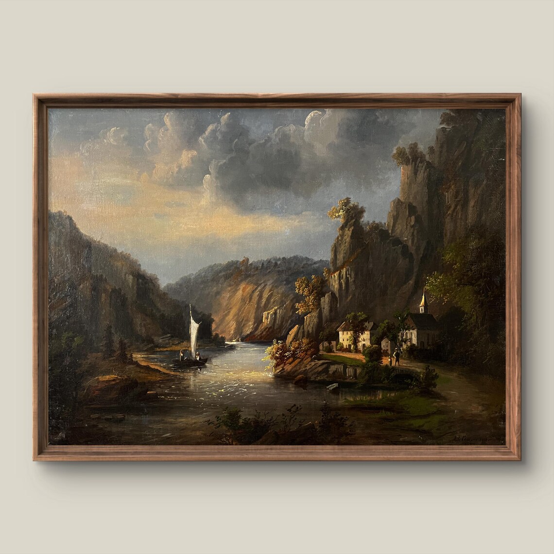 Moonlit River Gorge with Village Church Vintage Landscape Art Print