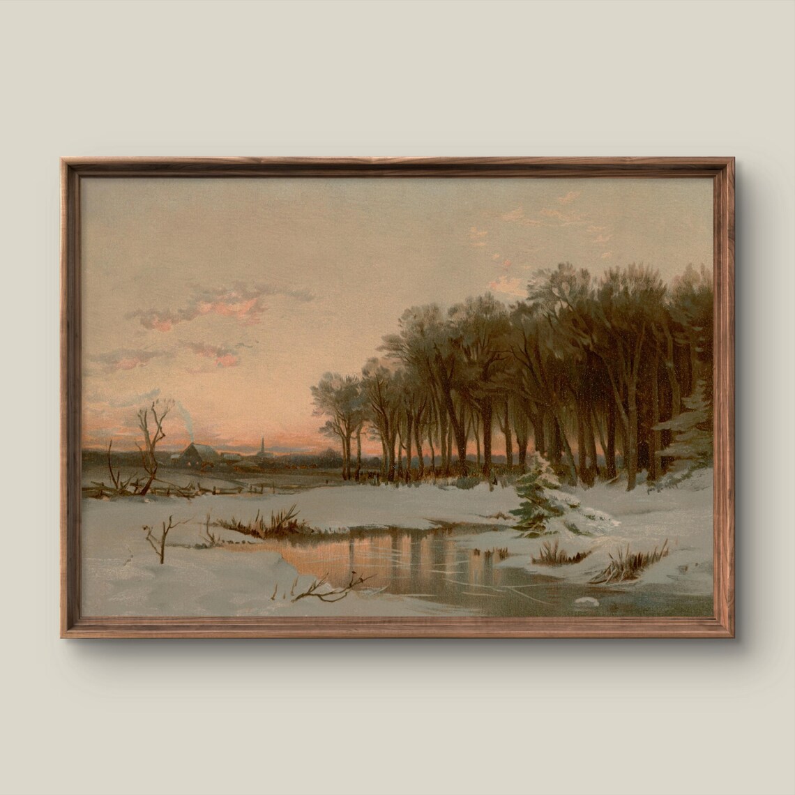 Snowy Evening Frozen Pond Pine Forest Peaceful Winter Vintage Poster